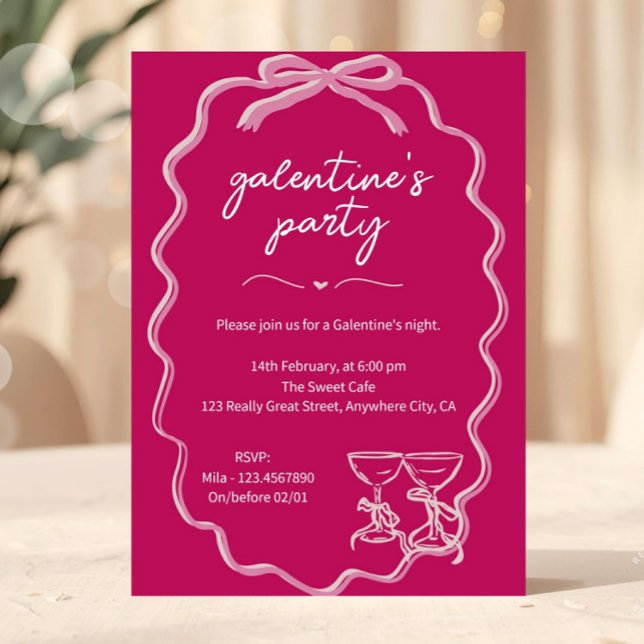 Chicas de Galentines Rosa Noche Invitación de San  (Pink Galentine Party Invitation Whilsical Hand Drawn Invite)