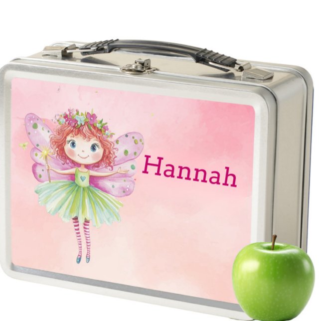 Chicas de hadas rosadas personalizadas Caja de alm (Personalized Fairy Lunch Box for Kids – Cute Pink Magical Lunchbox with Name, Whimsical School Snac)