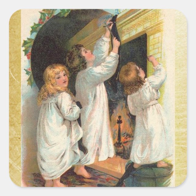 Chicas de la época colgando Navidades Pegatina de  (Anverso)