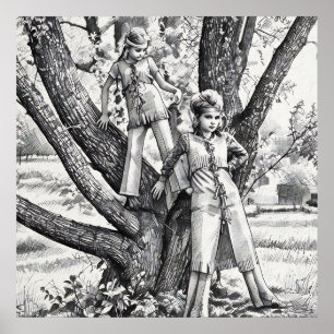 Chicas de los 70 Hermanas jugando en el árbol arte