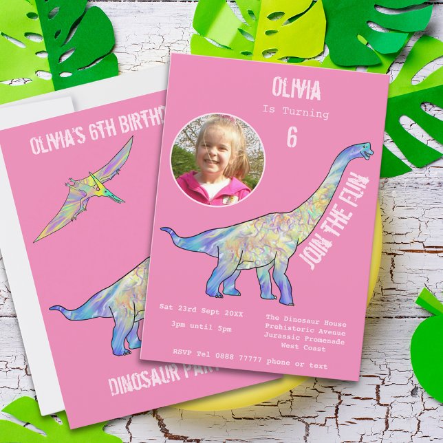 Chicas de los dinosaurios Brachiosaurus foto rosa  (Dinosaur brachiosaurus girls pink birthday party invitation with photo template)
