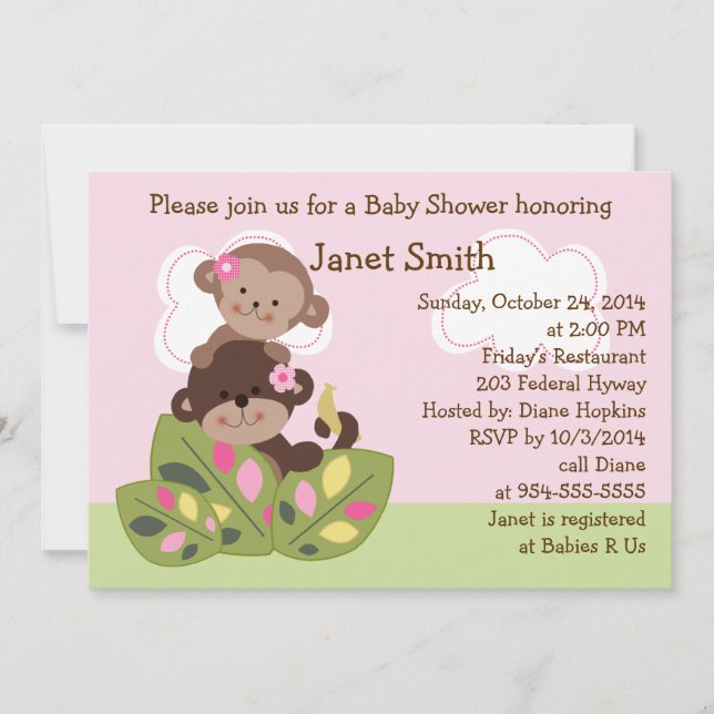 Chicas de monos Hermanas Invitación a Baby Shower (Anverso)