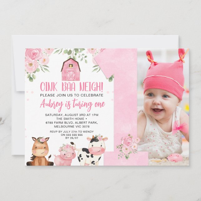 Chicas de Pink Oink Baa Neigh Invitación de cumple (Anverso)