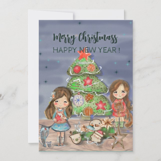 Chicas decorando el árbol de Navidad (Anverso)