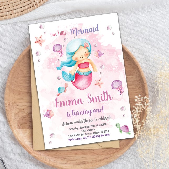Chicas editables bajo la tarjeta de Fiesta del mar (Pink Cloud Mermaid Birthday Invitation)
