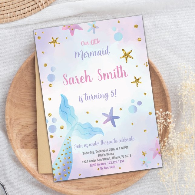 Chicas editables bajo la tarjeta de Fiesta marino  (Blue Mermaid Birthday Invitation)