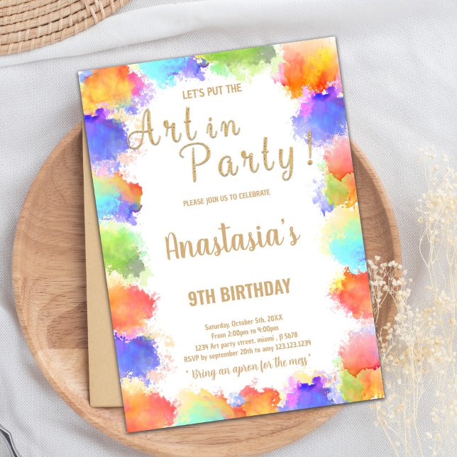 Chicas editables pintando tarjeta Fiesta con Rainb (Art in Party Glitter Paint Birthday Invitations)