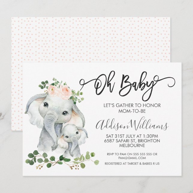 Chicas Elefante Y Foliage Invitación A Baby Shower (Anverso / Reverso)