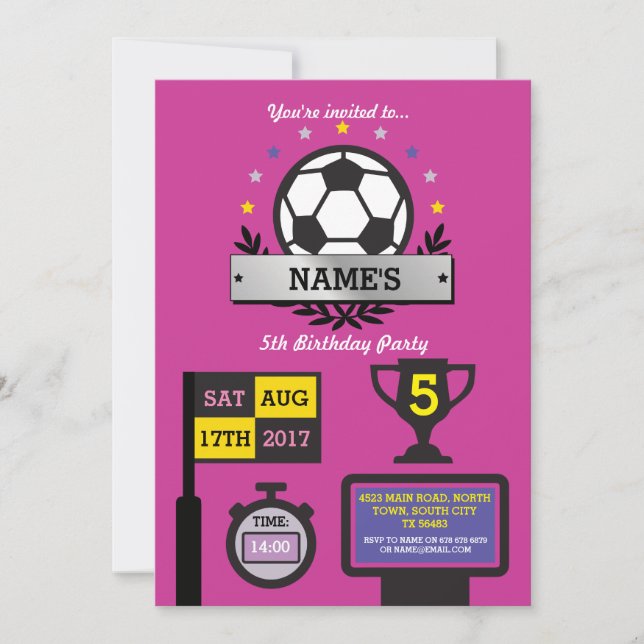 Chicas Fiesta de fútbol cumpleaños Invitación rosa (Anverso)