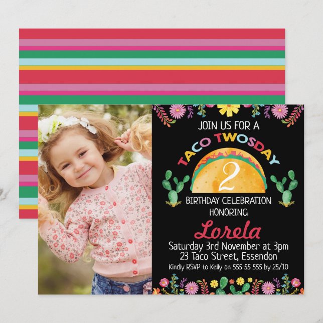 Chicas Fiesta Taco Invitación de cumpleaños (Anverso / Reverso)