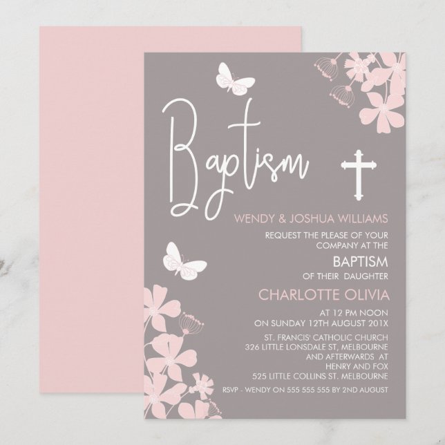 Chicas Floral Y Mariposas Baptismo Invitación (Anverso / Reverso)