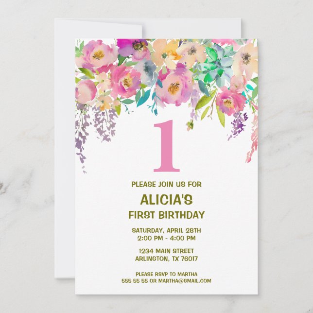 Chicas florales acuarelas Invitación de primer cum (Anverso)
