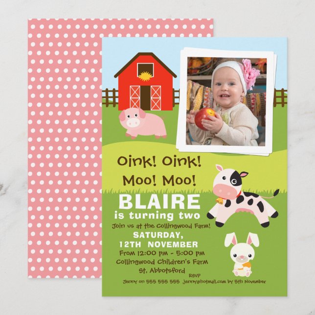 Chicas Foto Invitación al cumpleaños de Farmyard (Anverso / Reverso)