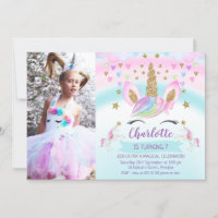 Chicas Foto Rosa Bow Unicornio Invitación al cumpl