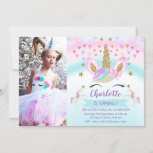 Chicas Foto Rosa Bow Unicornio Invitación al cumpl