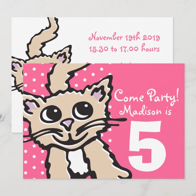 Chicas gatito fiesta invitación rosa (Anverso / Reverso)