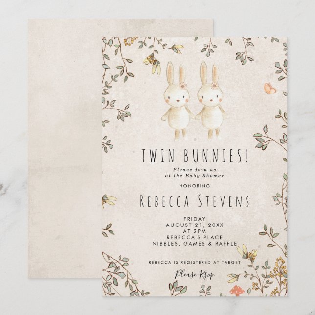 chicas gemelos conejito flor silvestre invitación  (Anverso / Reverso)