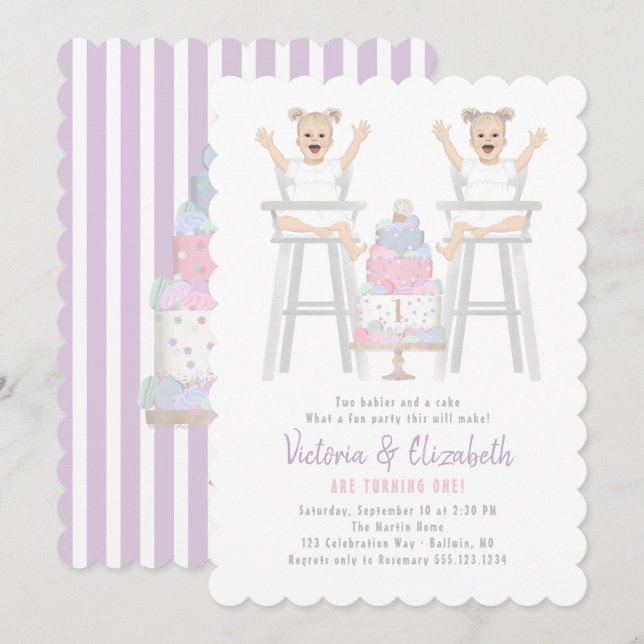 Chicas gemelos cumpleaños Invitación a torta sacud (Anverso / Reverso)