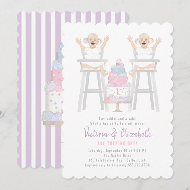 Chicas gemelos cumpleaños Invitación a torta sacud (Anverso / Reverso)