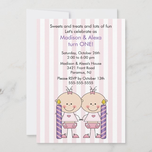 Chicas gemelos invitaciones de primer cumpleaños (Anverso)