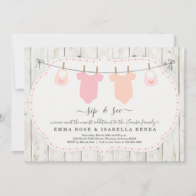 Chicas gemelos personalizados Sip y Ver Invitación (Anverso)