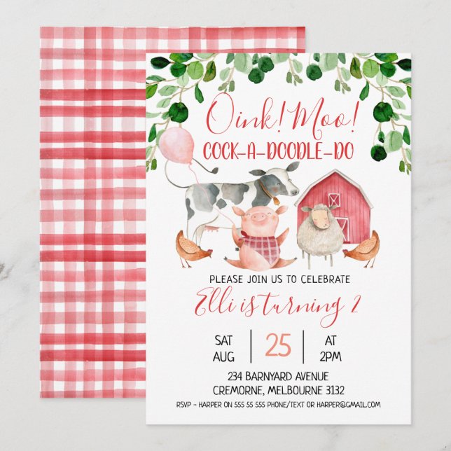 Chicas Granja Animales E Invitación A Partir Del D (Anverso / Reverso)