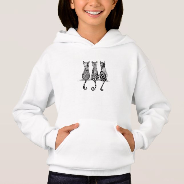 Chicas Hoodie con tres gatos blancos y negros (Anverso)