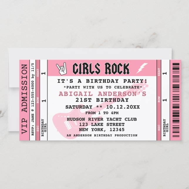 CHICAS INVITACIÓN DE CUMPLEAÑOS DE CONCIERTO ROCK (Anverso)
