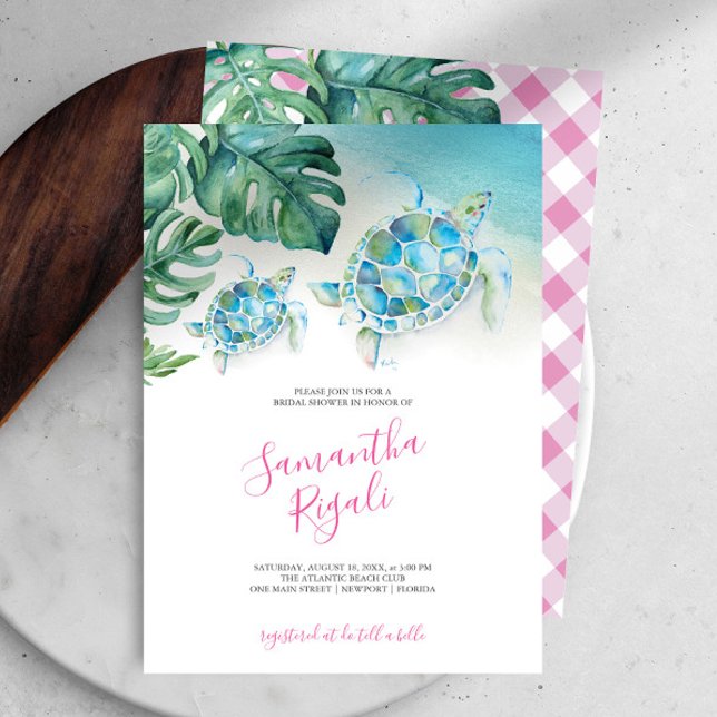 Chicas invitan a bañarse con una tortuga marina (Baby shower invitations girl pink gingham tropical sea turtle art Victoria Grigaliunas DoTellABelle)