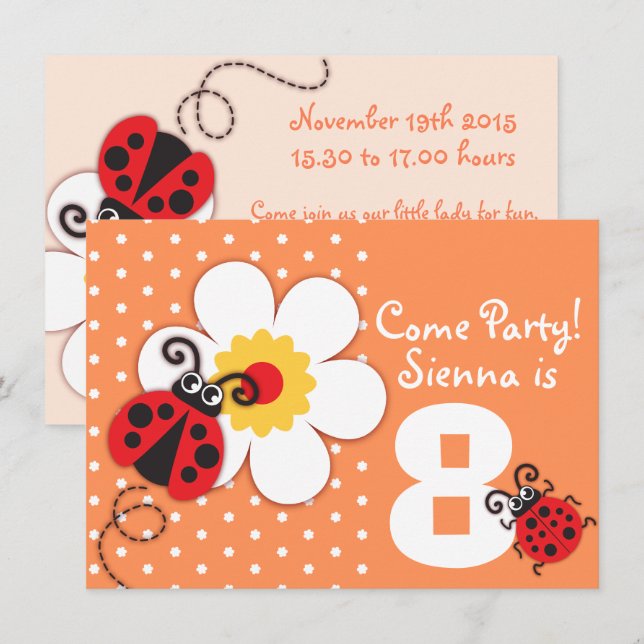 Chicas ladybug fiesta invitación púrpura (Anverso / Reverso)