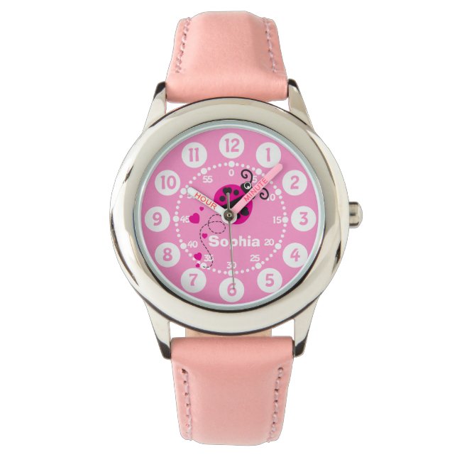 Chicas ladybug rosa corazón nombre blanco reloj de (Anverso)