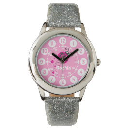 Chicas ladybug rosa corazón nombre blanco reloj de