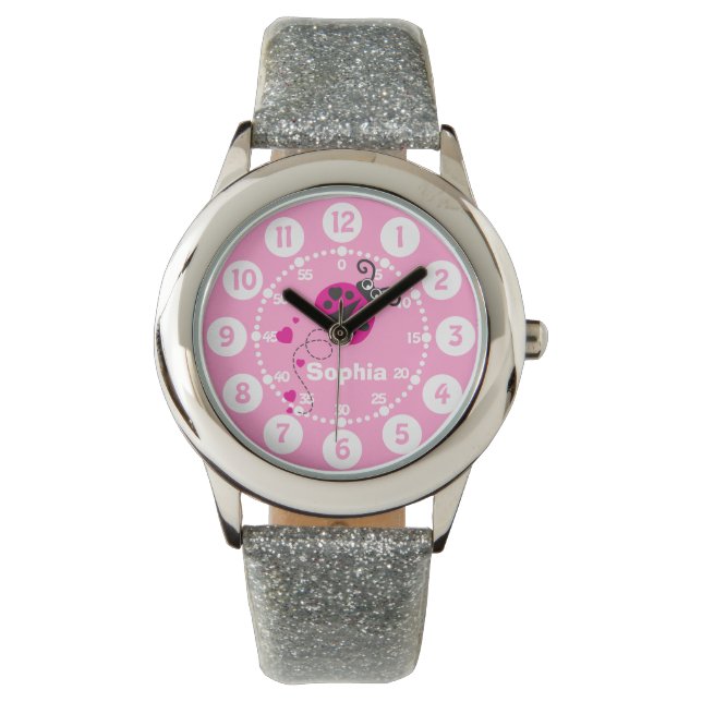 Chicas ladybug rosa corazón nombre blanco reloj de (Anverso)