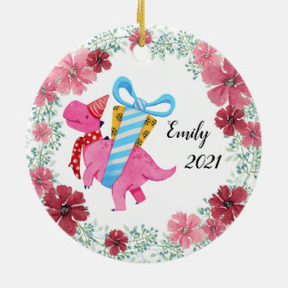 Chicas Navidades de dinosaurios rosados Ornamento 