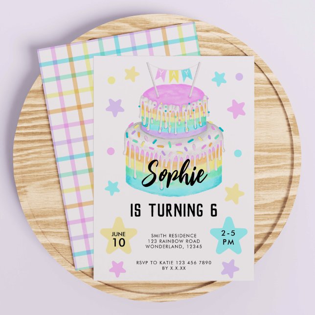 Chicas Pastel de arcoiris 6ª Invitación de cumplea (Girls' Rainbow Cake Birthday Invitation)
