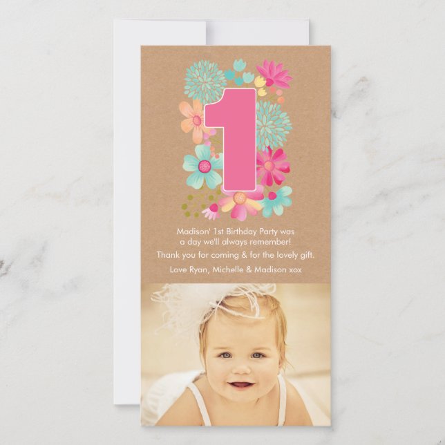 Chicas Primer cumpleaños número 1 Gracias tarjeta  (Anverso)