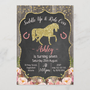 Chicas Purpurina Floral Caballo Invitación al cump