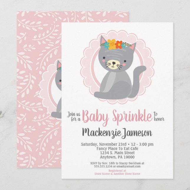 Chicas rosados de gatito lindo Invitación a rociar (Anverso / Reverso)