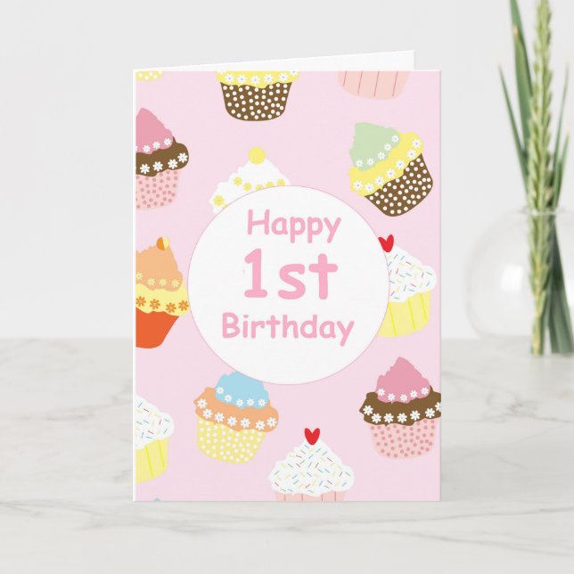 Chicas rosados pastel primera tarjeta cumpleaños p (Anverso)