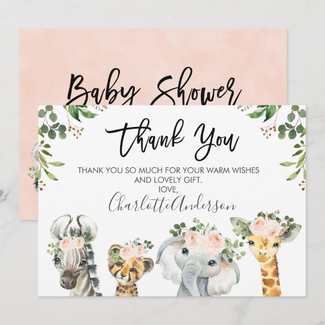 Chicas Safari Animales Baby Shower Tarjeta de agra (Anverso / Reverso)