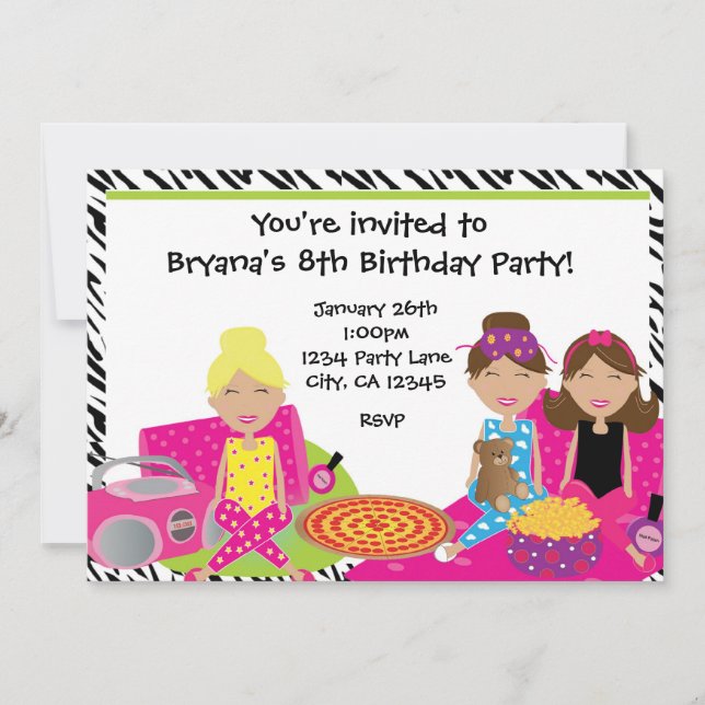 Chicas Sleepover Slumber Fiesta Invitación de cebr (Anverso)