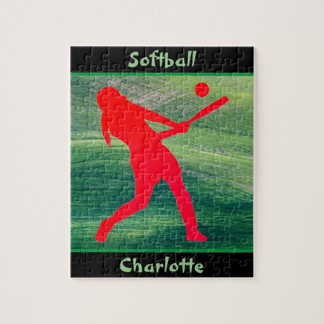 Chicas Softball golpean el rompecabezas verde (Vertical)