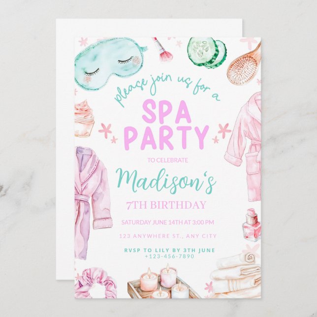 Chicas Spa Cumpleaños, Fiesta Spa Invitación a Cum (Anverso / Reverso)