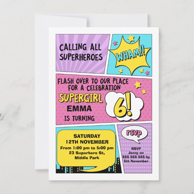Chicas Superheroína 6ª invitación por cumpleaños (Anverso)
