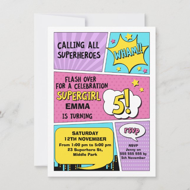 Chicas Superheroína Rosa Invitación a cumpleaños n (Anverso)