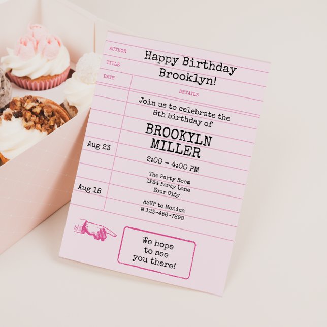 Chicas Tarjeta Biblioteca del Club de Libros Rosad (Library Card Girls Birthday Invitation)