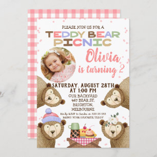 Chicas Teddy Bear Picnic Photo Birthday Invitación