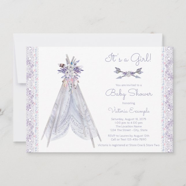 Chicas Teepee Baby Shower Invitación Lavender Lace (Anverso)