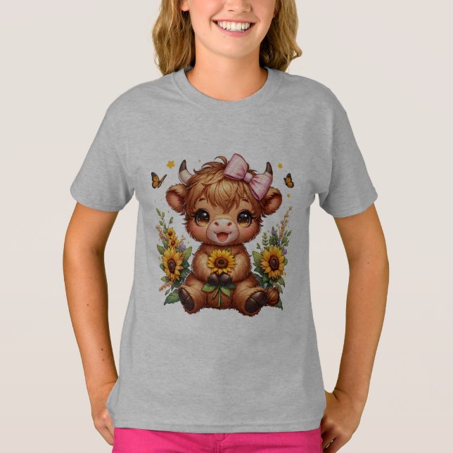 Chicas Vaca Highland Con Camiseta De Girasol (Anverso)