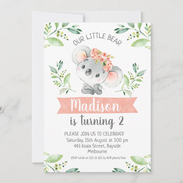 Chicas Watercolor Koala Invitación al cumpleaños d (Anverso)